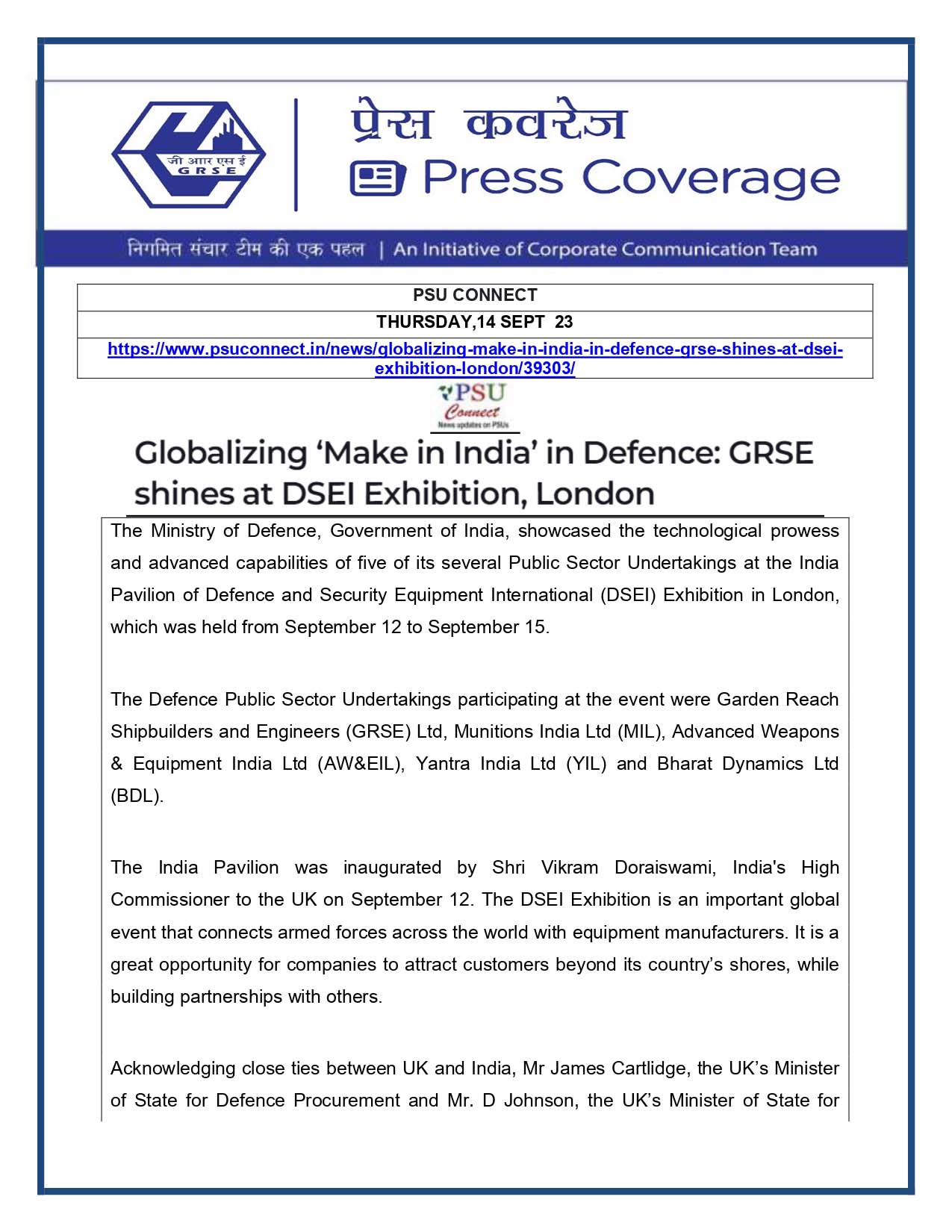 Press Coverage : PSU Connect, 14 Sep 23 : Globalizing 'Make In India' in Defence : GRSE shines at DSEI Exhibition, London